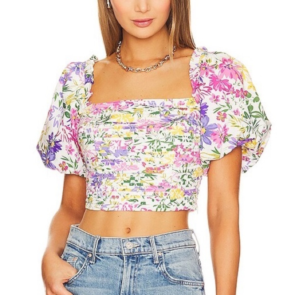 ASTR The Label Lin Top in Pink & Yellow Multi Floral Size L